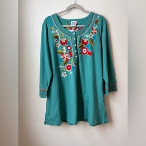 Parsley & Sage Teal Embroidered Tunic NWT Size XL 100% Cotton
